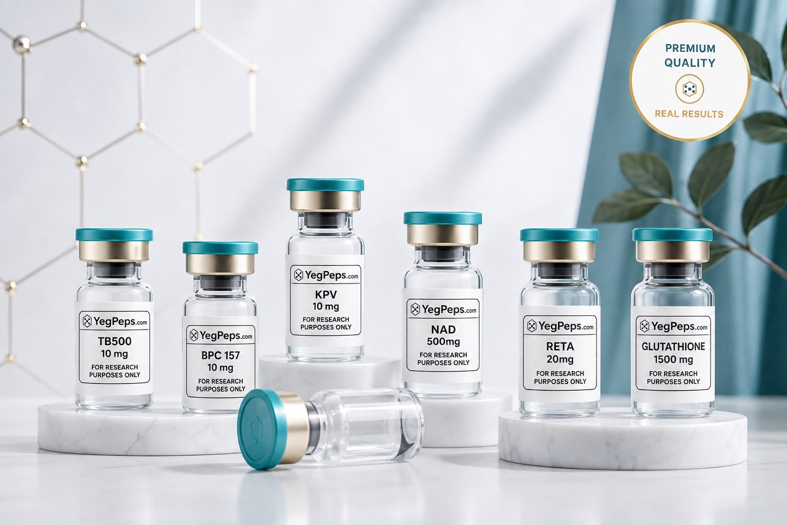 YegPeps premium peptide vials on marble surface
